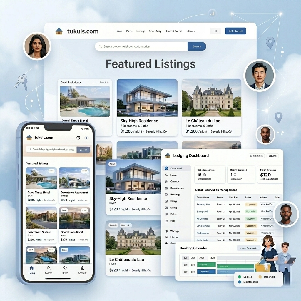 Tukuls.com platform overview showing desktop dashboard, mobile app, and property listings